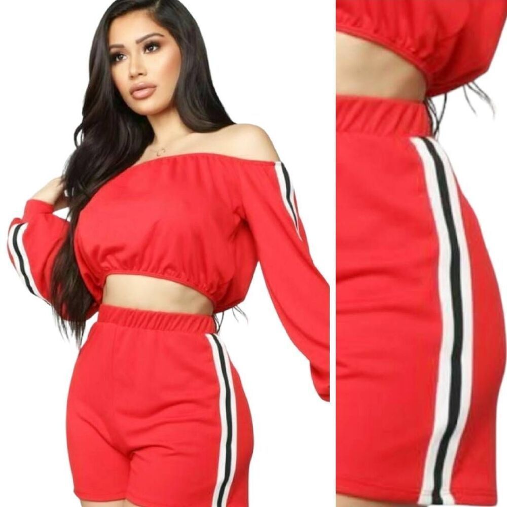 Fashion Nova Red Side Striped Crop Top High Waist 2 Piece Fleece Short Set 2X